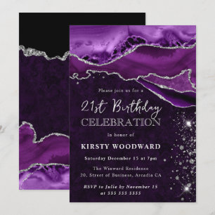 Convites Aniversário Ágata Roxo e Prata Brilhante