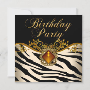 Convites Aniversário Ámbar Preto Dourado Caramelo Zebra Ele