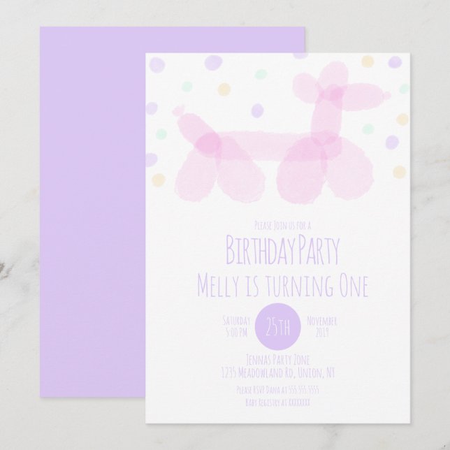 Convites Aniversário Animais-Balão Pastas Púrpuras-Rosa (Frente/Verso)