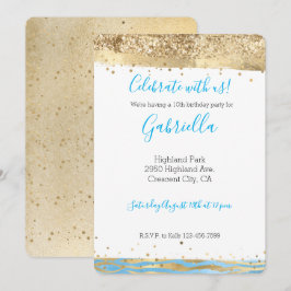 Convites Aniversário Animal Glitter Aqua Azul Dourado Confe