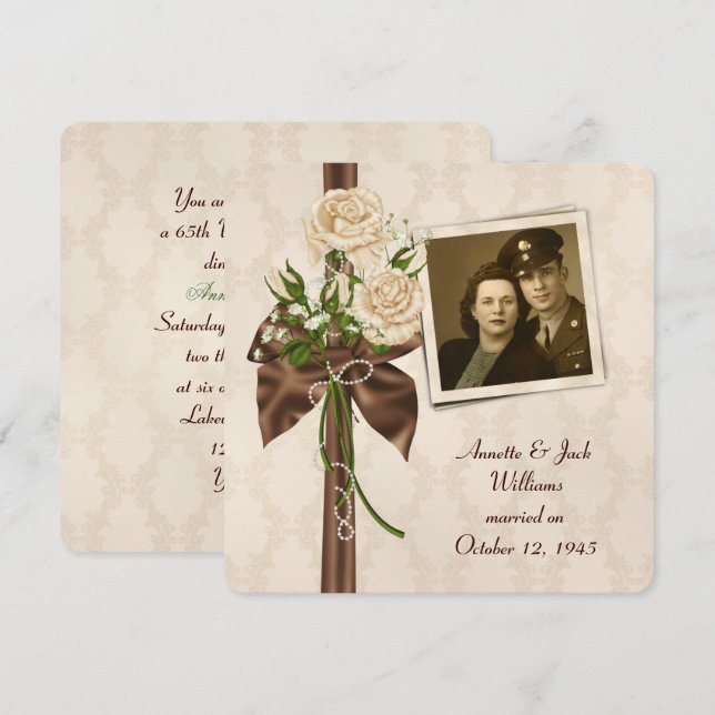 Convites Aniversário antiquado com rosas no damask (Frente/Verso)