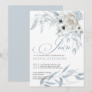 Convites Aniversário Aquarela Azul Pálido Dusty Floral