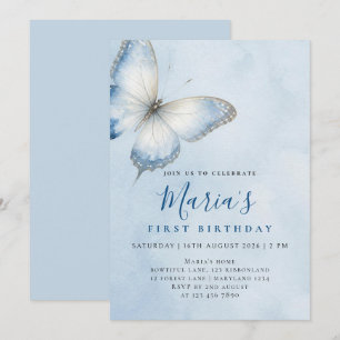 Convites Aniversário Aquarela Borboleta Azul Elegante Perso
