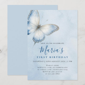 Convites Aniversário Aquarela Borboleta Azul Elegante Perso