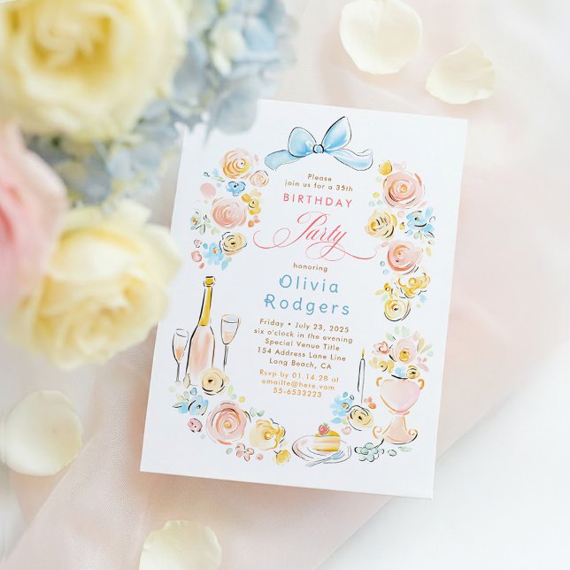 Convites Aniversário Arco Coquete Desenho à Mão Floral Capr (Whimsical Bow and Pastel Flowers Birthday Invitation)