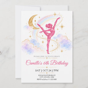 Convites Aniversário Arco-Íris Pastel Ginasta Brilho Rosa