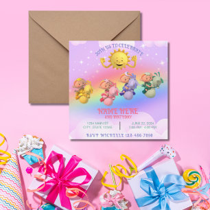 Convites Aniversário Arco-Íris Pastel Sol Bebês Nuvem