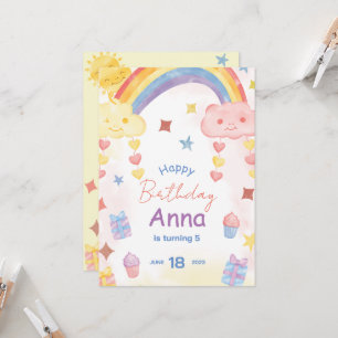 Convites Aniversário Arco-íris, Sol e Nuvens em Aquarela Fo