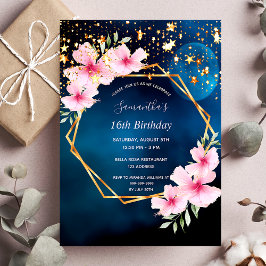 Convites Aniversário azul céu estrelado ouro geo-rosa flora