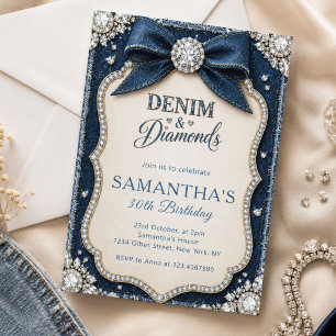 Convites Aniversário Azul Elegante de Jeans e Diamantes