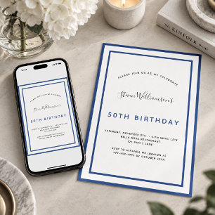 Convites Aniversário azul marinho branco minimalista homens