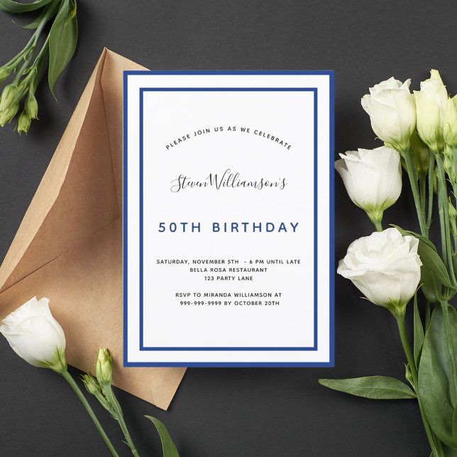 Convites Aniversário azul marinho branco minimalista homens (Criador carregado)