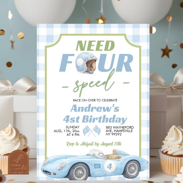 Convites Aniversário Azul Préppy Retro Need Four Speed (Criador carregado)