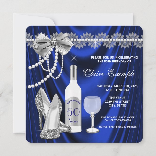 Convites Aniversário Azul Real e Prata Envelhecido à Perfei (Frente)