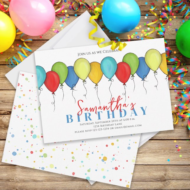 Convites Aniversário Balões Confetti Partido Moderno Festa  (Criador carregado)