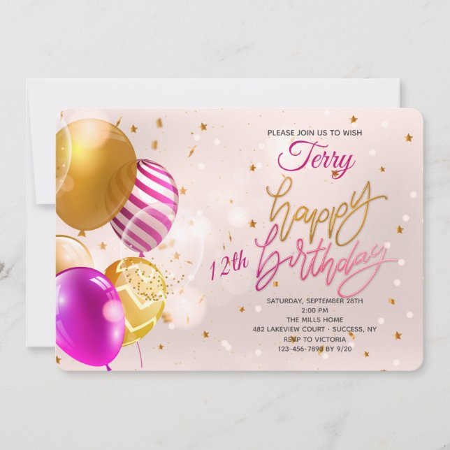 Convites Aniversário Balões Rosa (Frente)