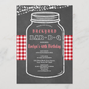Convites Aniversário BARBEQUE Mason Jar Red Gingham Convit