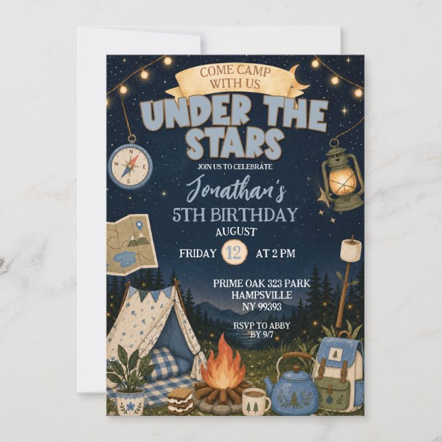 Convites Aniversário Blue Camp Under The Stars (Frente)