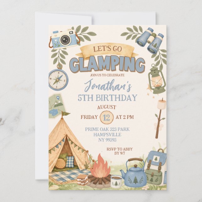 Convites Aniversário Blue Let's Go Glamping (Frente)