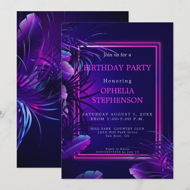 Convites Aniversário | Bold Tropical Neon Birthday (Frente/Verso)