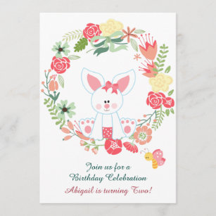 Convites Aniversário bonito da grinalda do coelho e da flor