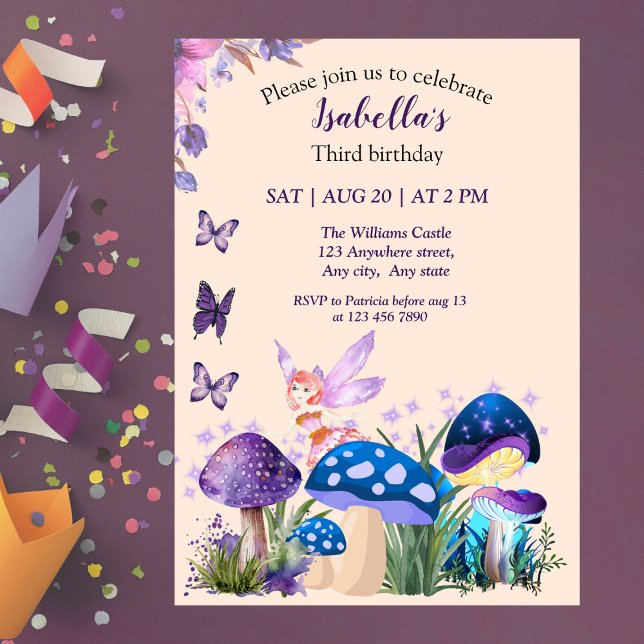 Convites Aniversário Borboleta Cogumelo Roxo Fada Meninas (Criador carregado)