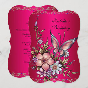 Convites Aniversário Borboleta Floral Rosa Fúcsia Elegante