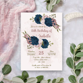 Convites aniversário botânico das flores azuis-rosa marinho
