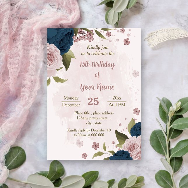 Convites aniversário botânico das flores azuis-rosa marinho (Criador carregado)