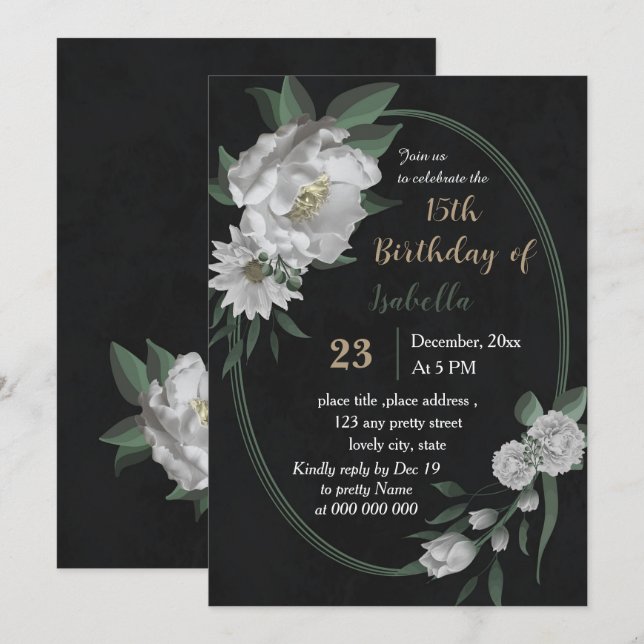 Convites aniversário botânico das flores brancas românticas (Frente/Verso)