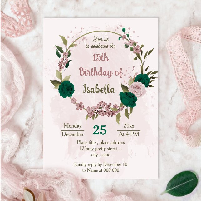 Convites aniversário botânico das flores cor-de-rosa esmera (Criador carregado)
