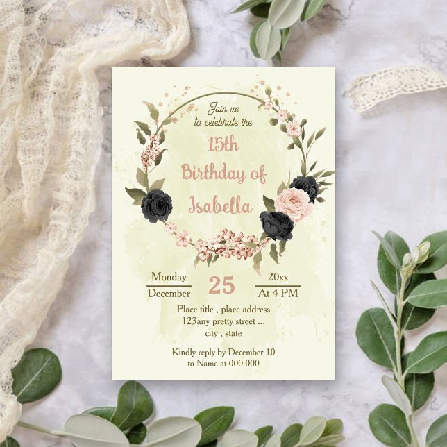Convites aniversário botânico das flores rosas pretas (Criador carregado)