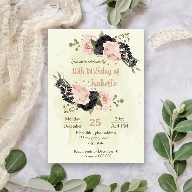 Convites aniversário botânico das flores rosas pretas (Criador carregado)