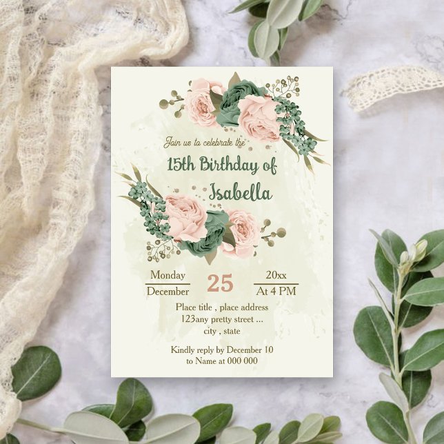 Convites aniversário botânico das flores verdes sage blush (Criador carregado)