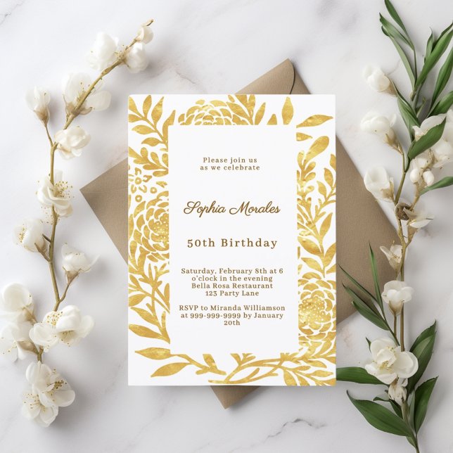 Convites Aniversário botânico dourado branco (Criador carregado)