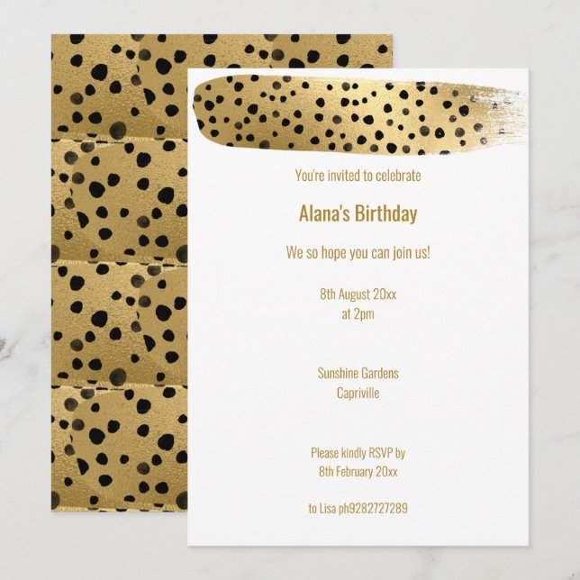 CONVITES ANIVERSÁRIO BRANCO SIMPLES E DOURADO LEOPARD ANIMA (Frente/Verso)