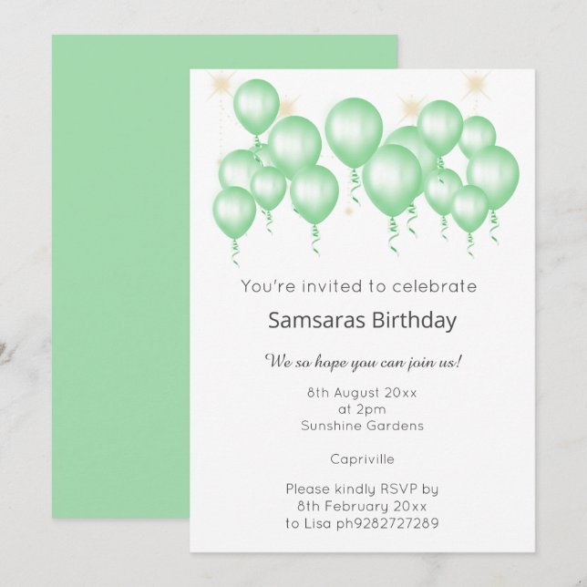 CONVITES ANIVERSÁRIO BRANCO VERDE MODERNO SAGE BALLOON VERD (Frente/Verso)