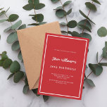 Convites Aniversário branco vermelho<br><div class="desc">Um moderno,  elegante e convite. Um fundo vermelho decorado com uma armação branca. Personalize e adicione um nome e detalhes. Texto branco.</div>