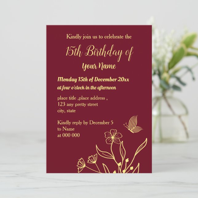 Convites Aniversário burgundy de borboletas de ouro simples (Em pé/Frente)