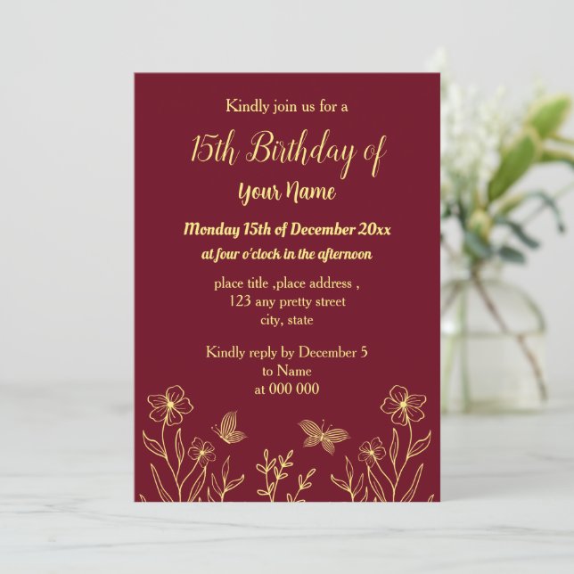 Convites Aniversário burgundy de borboletas de ouro simples (Em pé/Frente)