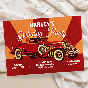 Convites Aniversário carro clássico retro vermelho