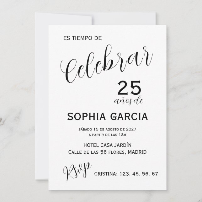 Convites Aniversário "Celebrar 25 Años" Moderno (Frente)
