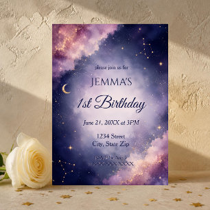Convites Aniversário Celestial Lua e Estrelas Aquarela