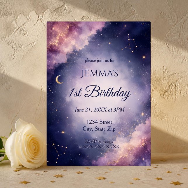 Convites Aniversário Celestial Lua e Estrelas Aquarela (Dreamy celestial watercolor first birthday invitation with moon, stars and galaxy artwork.)