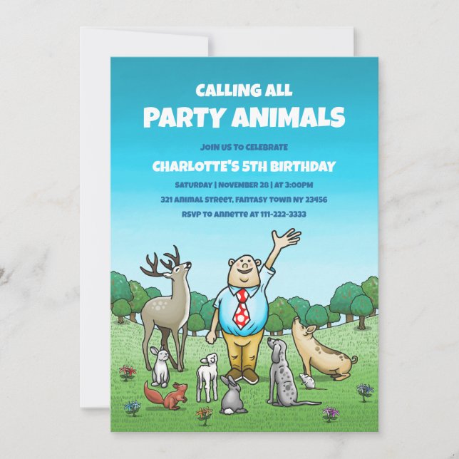 Convites Aniversário Chamando Todos os Animais de Festa (Frente)