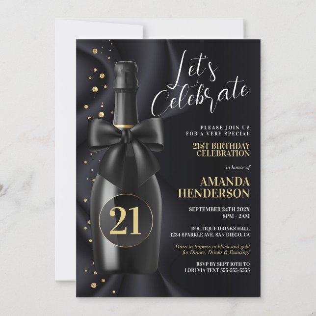 Convites Aniversário Champanhe Preto e Dourado (Frente)