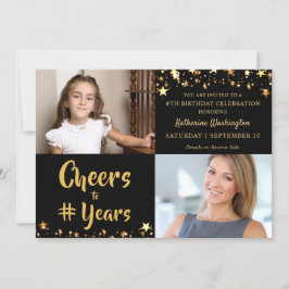 Convites Aniversário CHEERS PARA # ANOS Black Dourado Stars