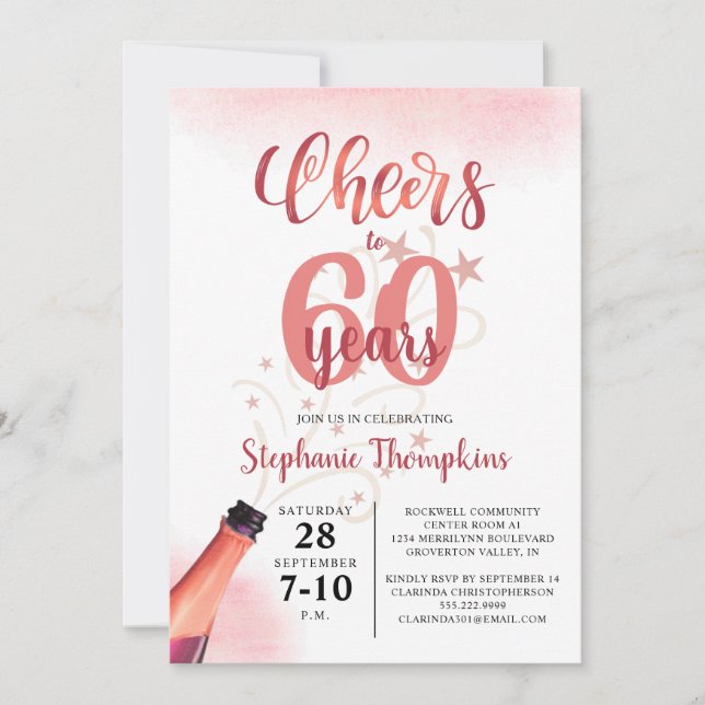 Convites Aniversário CHEERS PARA # ANOS Rosa Dourado Script (Frente)