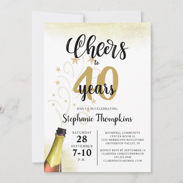 Convites Aniversário CHEERS PARA # ANOS Script Dourado Pret (Frente)