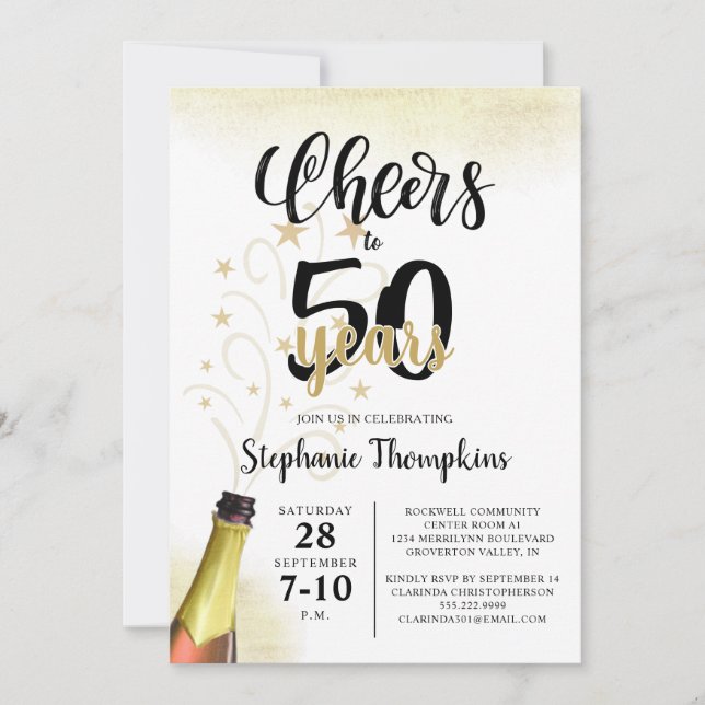 Convites Aniversário CHEERS PARA # ANOS Script Dourado Pret (Frente)